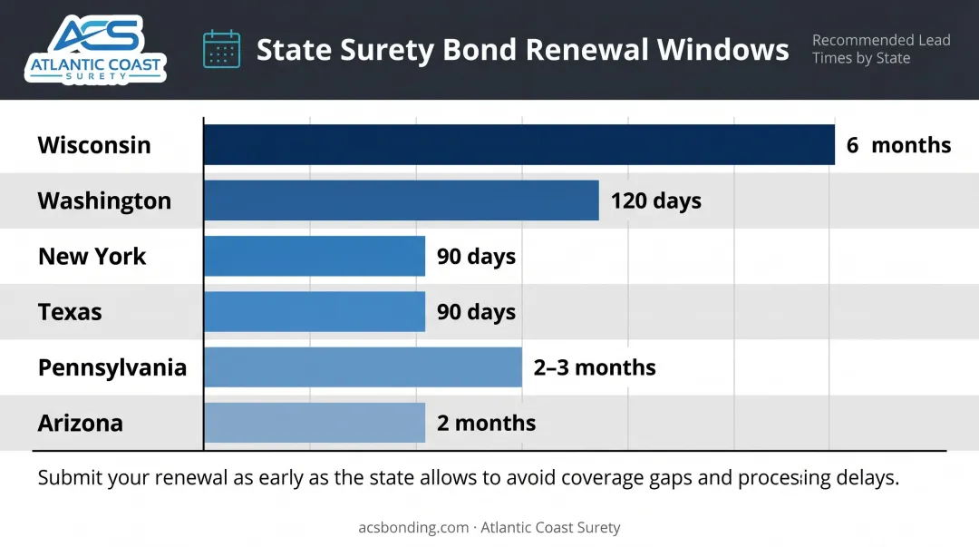 Notary commission renewal window comparison chart across six US states