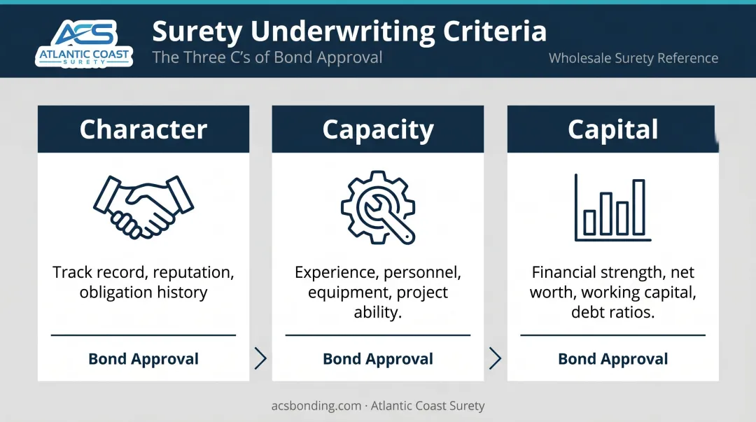 Three C's of surety underwriting character capacity and capital framework infographic
