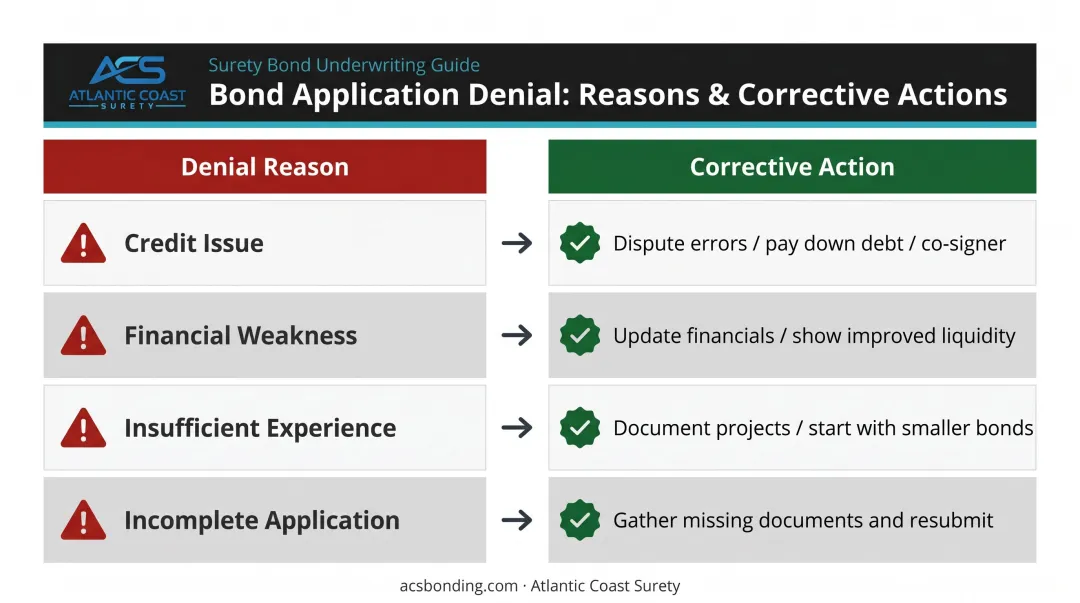 Four surety bond denial corrective action paths mapped to denial reasons infographic