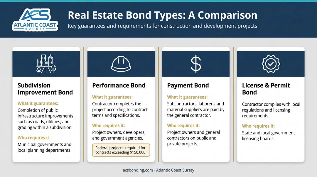 Four real estate surety bond types comparison chart with requirements and obligees