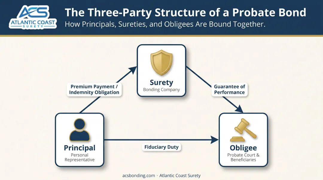 Probate bond three-party structure showing principal obligee and surety relationships