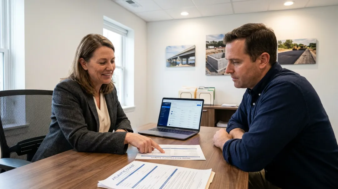 Surety bond specialist agent meeting with contractor to review bonding program documents