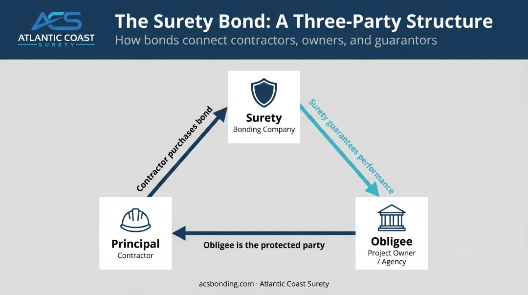 Three-party maintenance bond structure showing principal obligee and surety roles