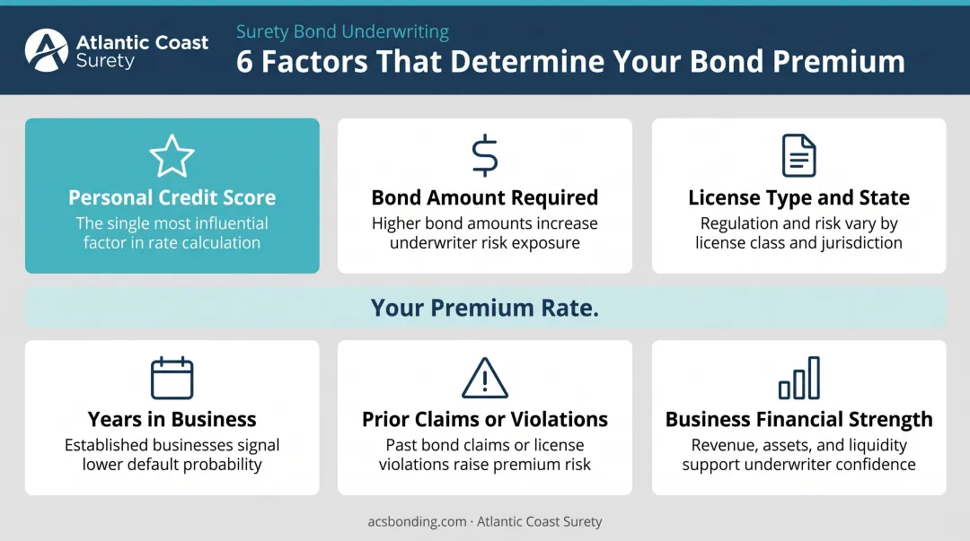 Six contractor license bond underwriting factors affecting premium rate infographic