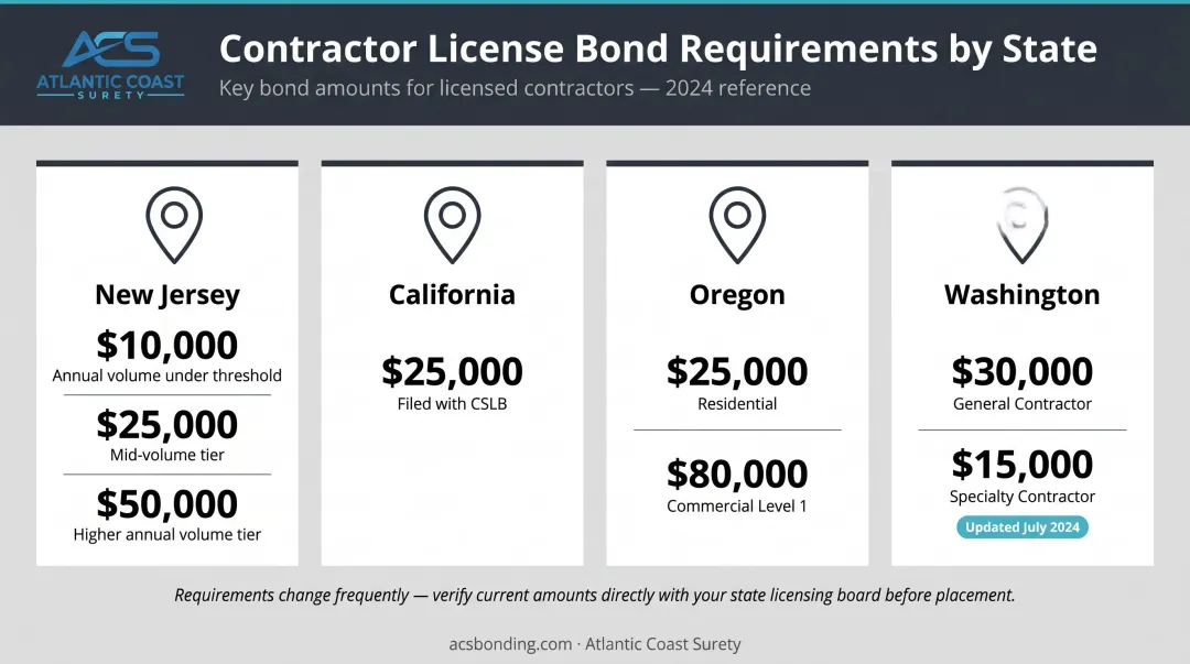Contractor license bond amount requirements by state comparison infographic