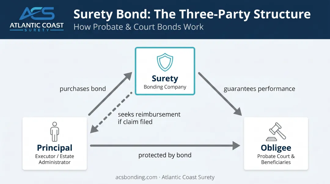 Three-party surety bond structure showing principal obligee and surety roles
