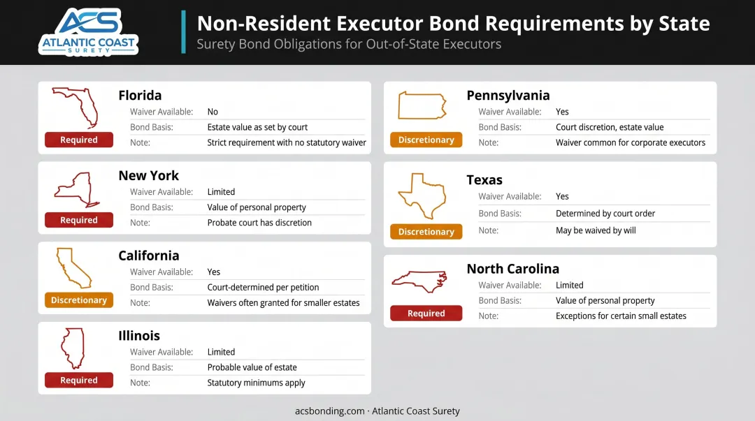 State-by-state non-resident executor bond requirements comparison chart for major states