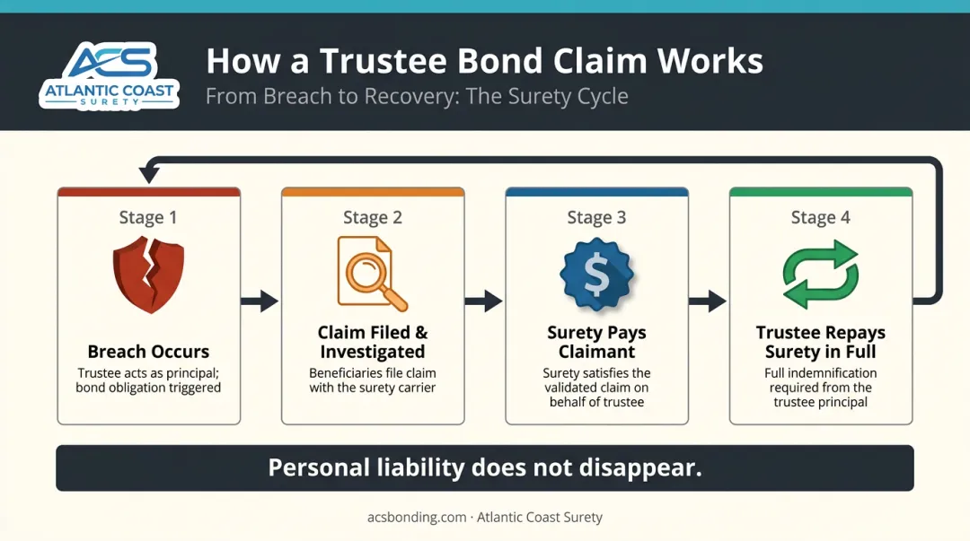 Trustee bond three-party claim process flow from breach to repayment