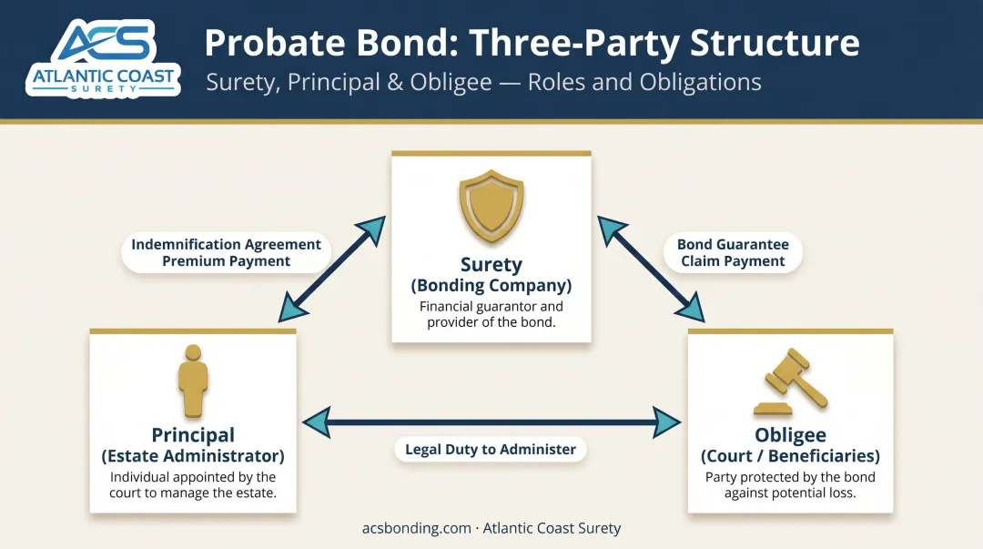 Probate bond three-party structure showing principal surety and obligee relationships
