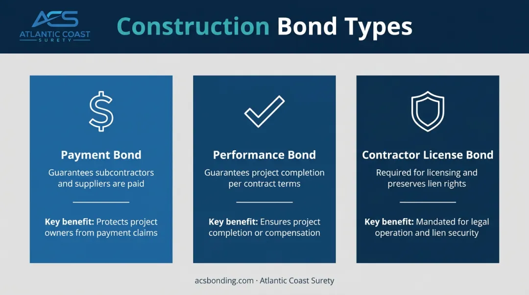 Three construction bond types payment performance and license bond comparison infographic