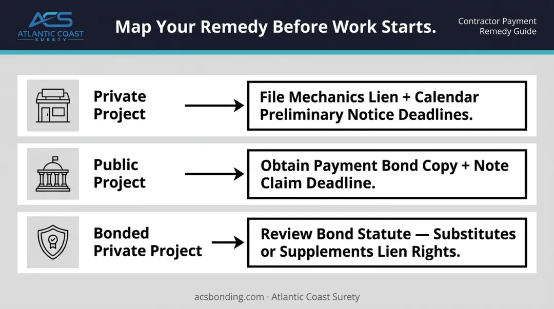 Private public and bonded private project payment remedy decision framework infographic
