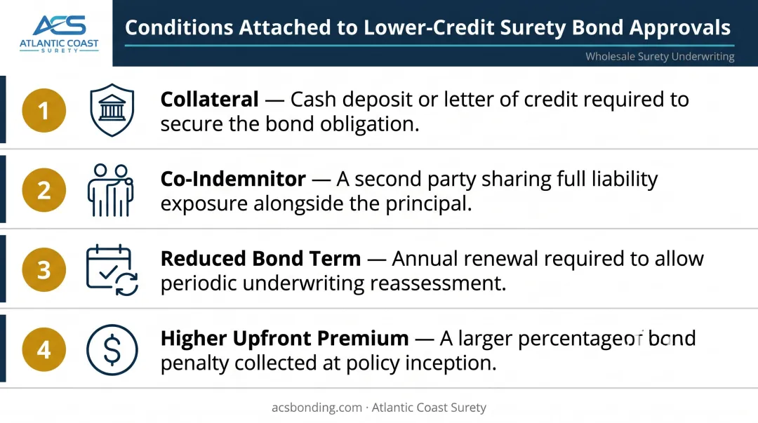 Four common surety bond conditions for low credit applicants explained infographic