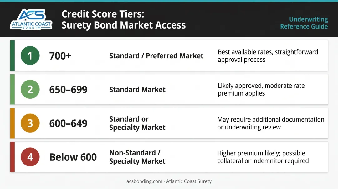 Surety bond credit score approval tiers comparison chart by market access