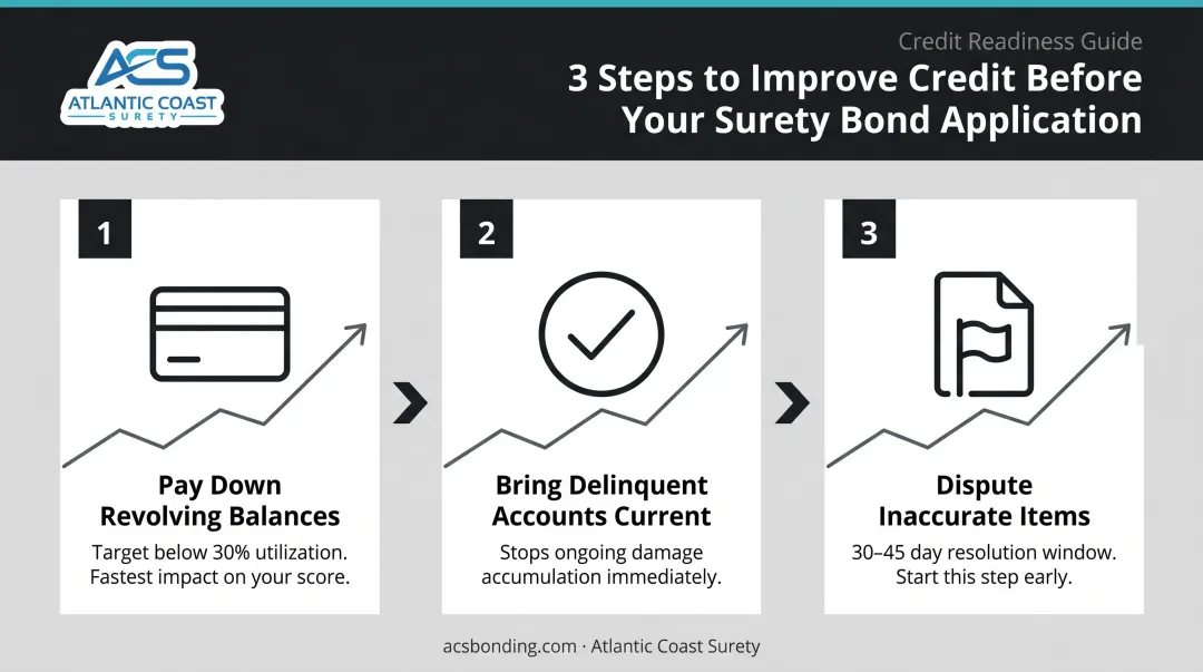 Three credit improvement steps before surety bond application process flow