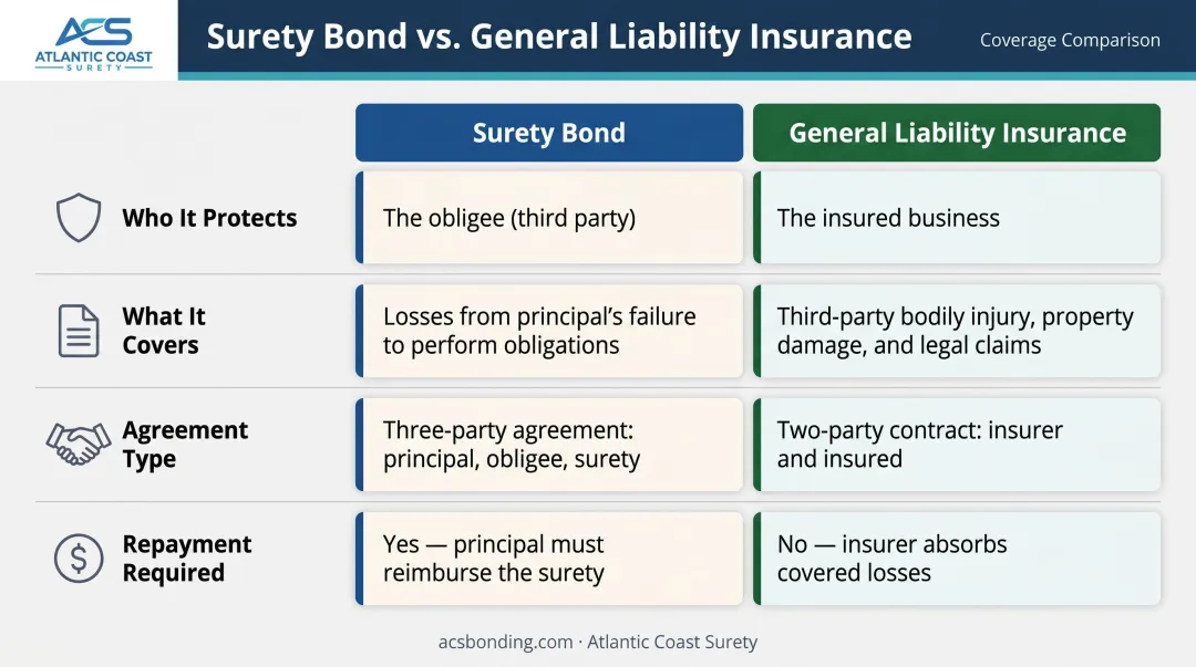 Surety bond versus general liability insurance four-category comparison chart