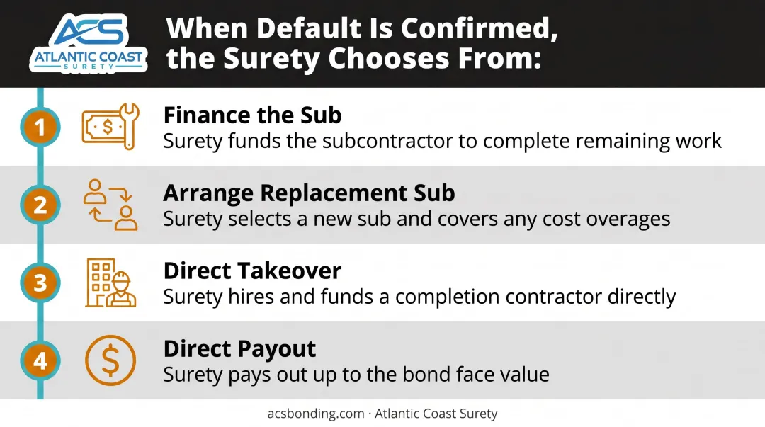 Four surety remedy options after subcontractor default performance bond claim process
