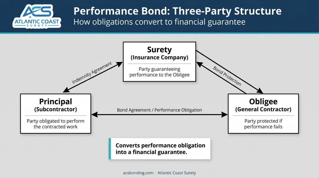 Three-party subcontractor performance bond relationship diagram principal obligee surety
