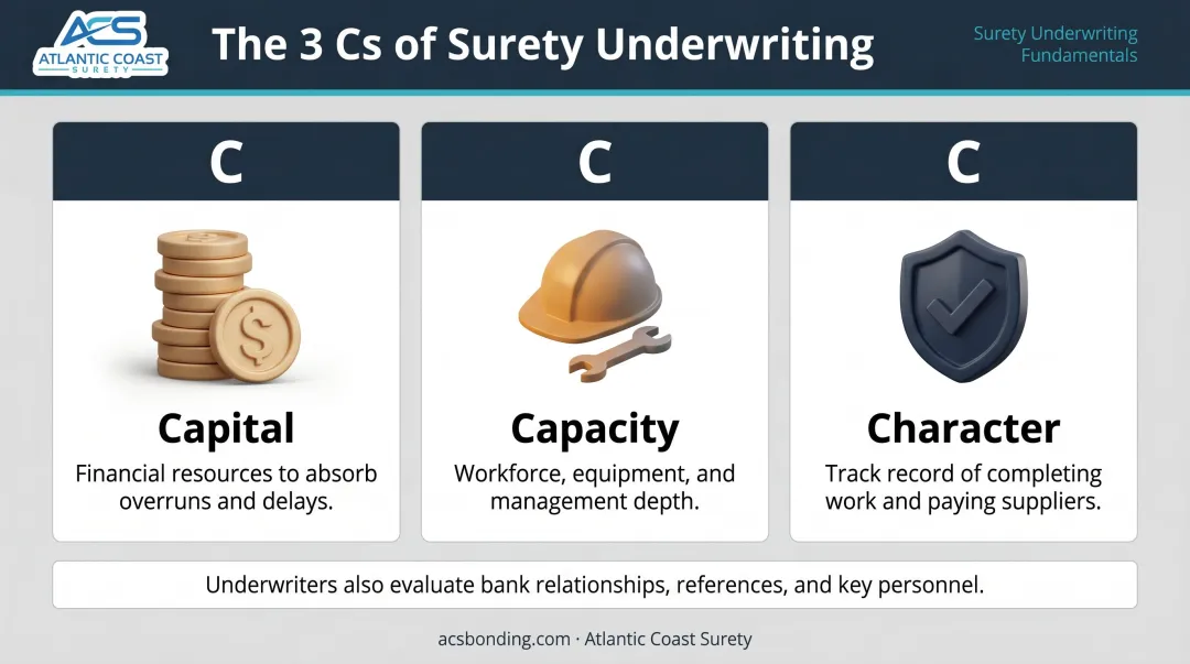 Three Cs of surety underwriting Capital Capacity Character evaluation criteria breakdown