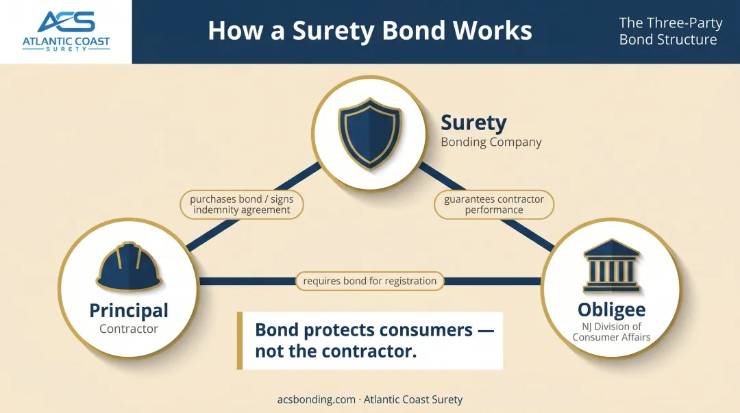 Three-party NJ contractor surety bond structure principal surety obligee diagram