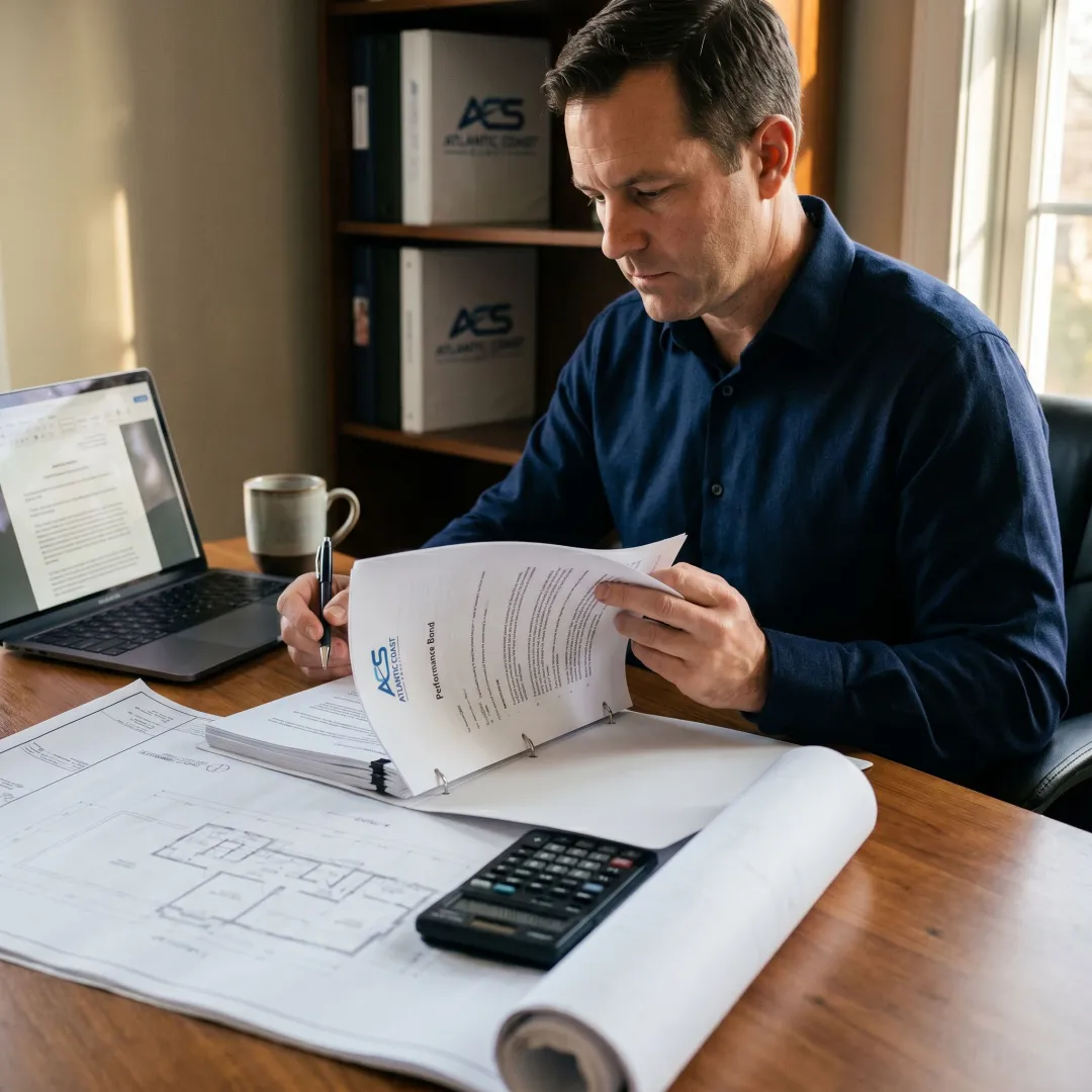 Contractor reviewing performance bond documents