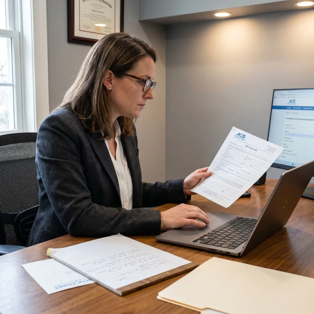Surety specialist processing an online contractor bond request