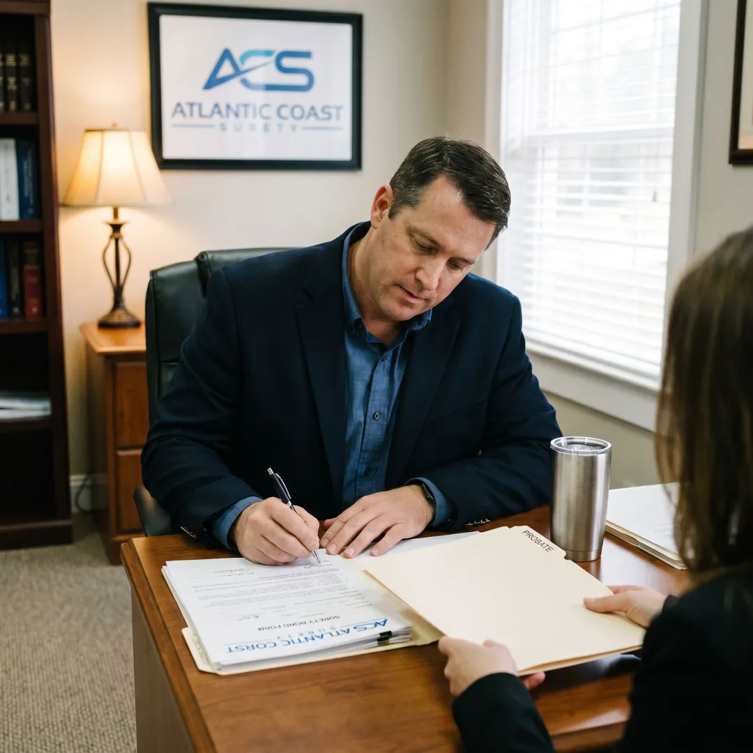 Court surety bond documents reviewed with a client
