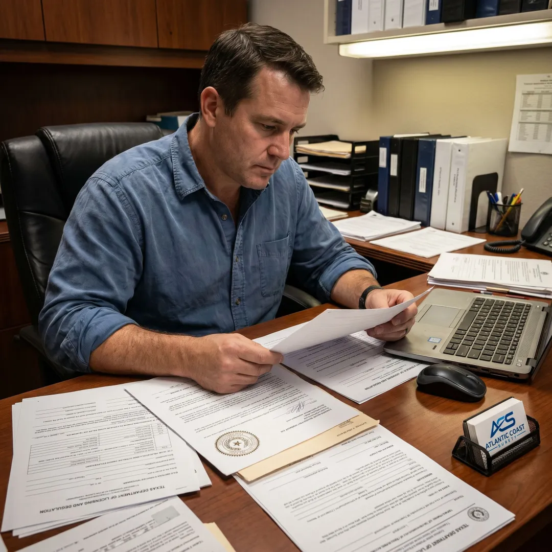 Surety specialist preparing contractor bond documents