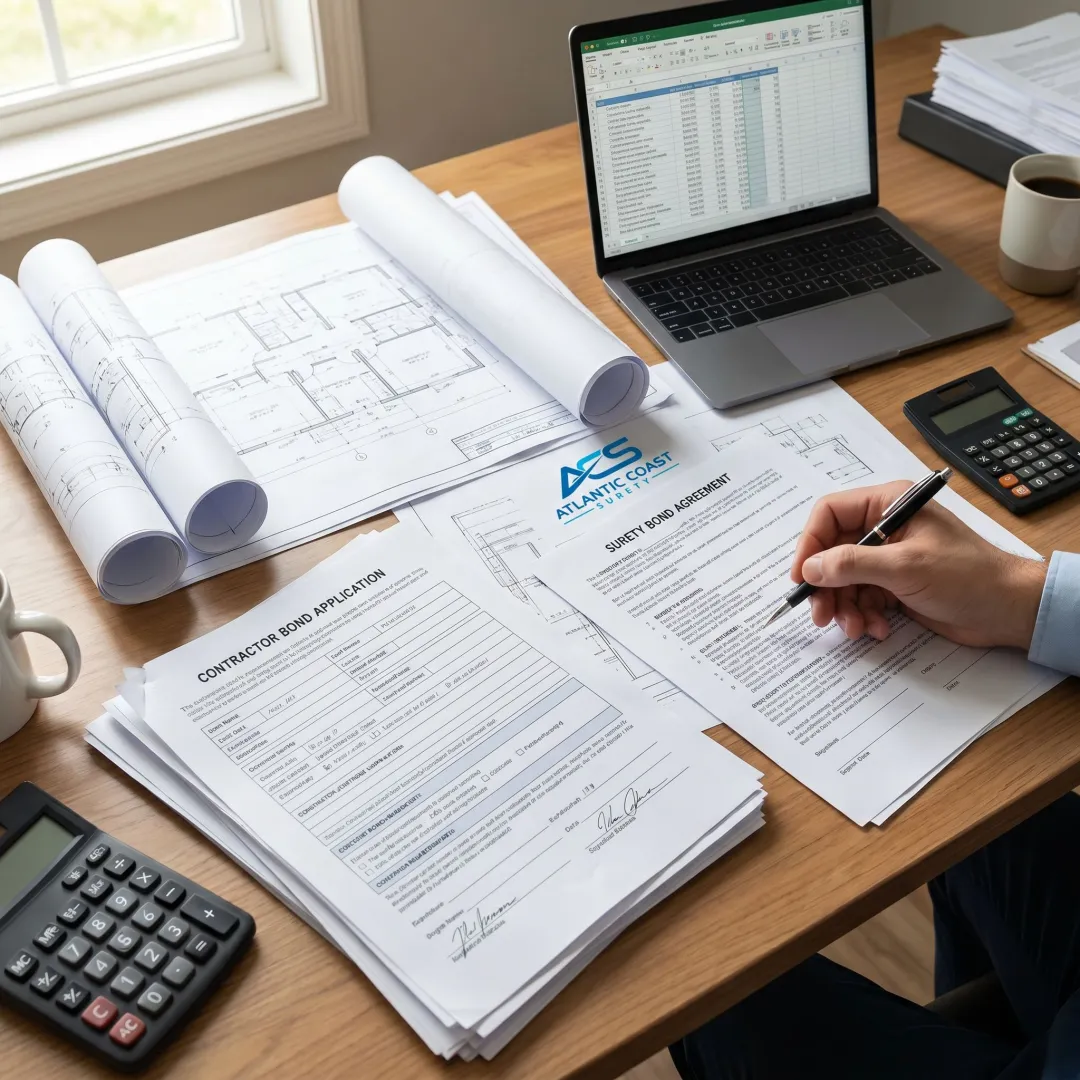 Contractor bond application process at an office desk