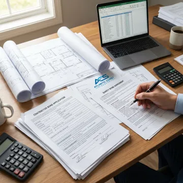 Contractor bond application process at an office desk