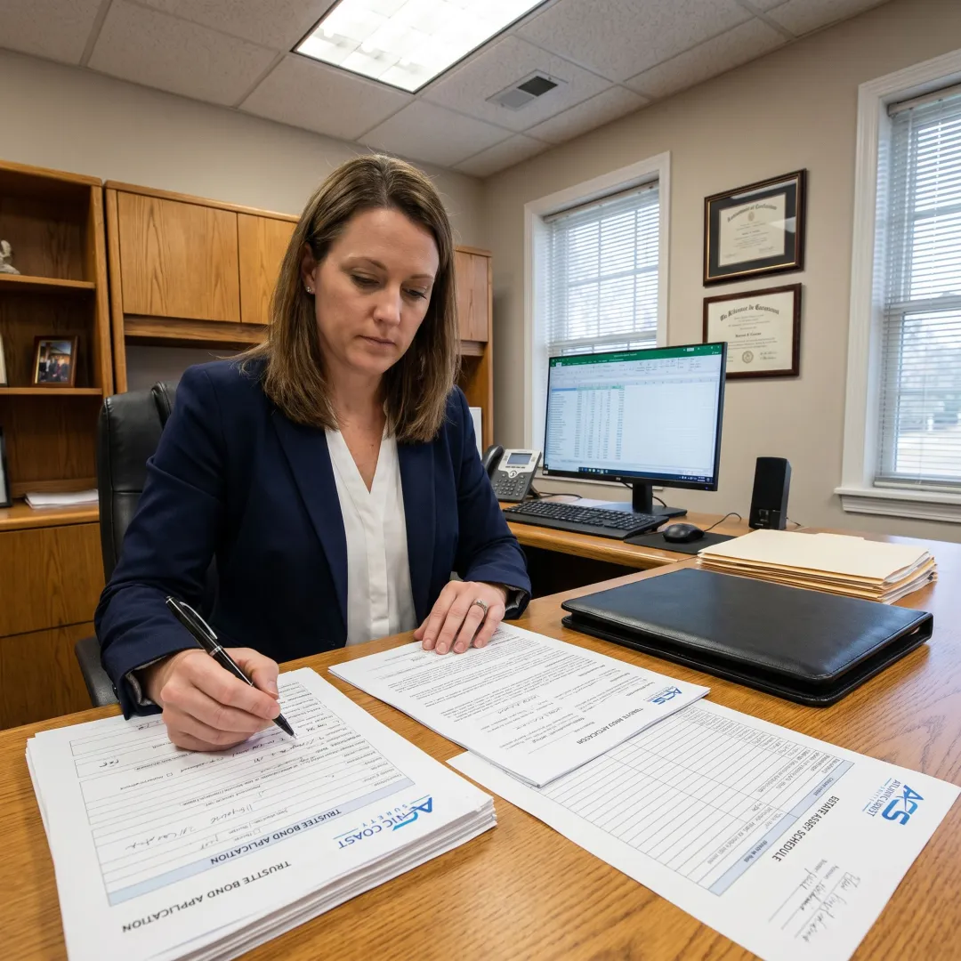 Surety specialist preparing trustee bond paperwork