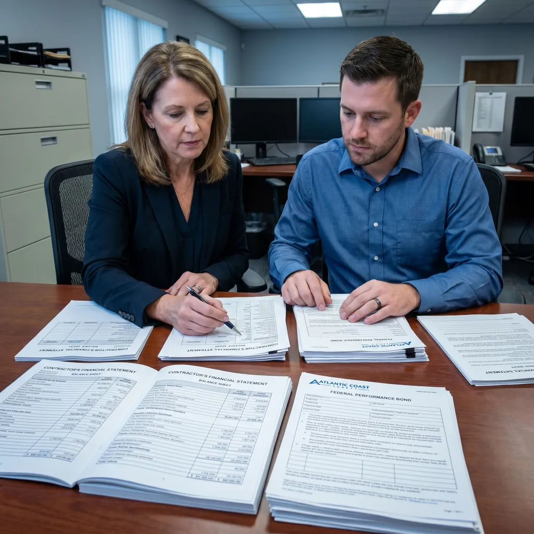 Surety team preparing bond documents