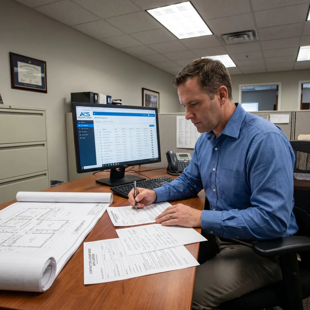 Surety specialist preparing contractor bond forms