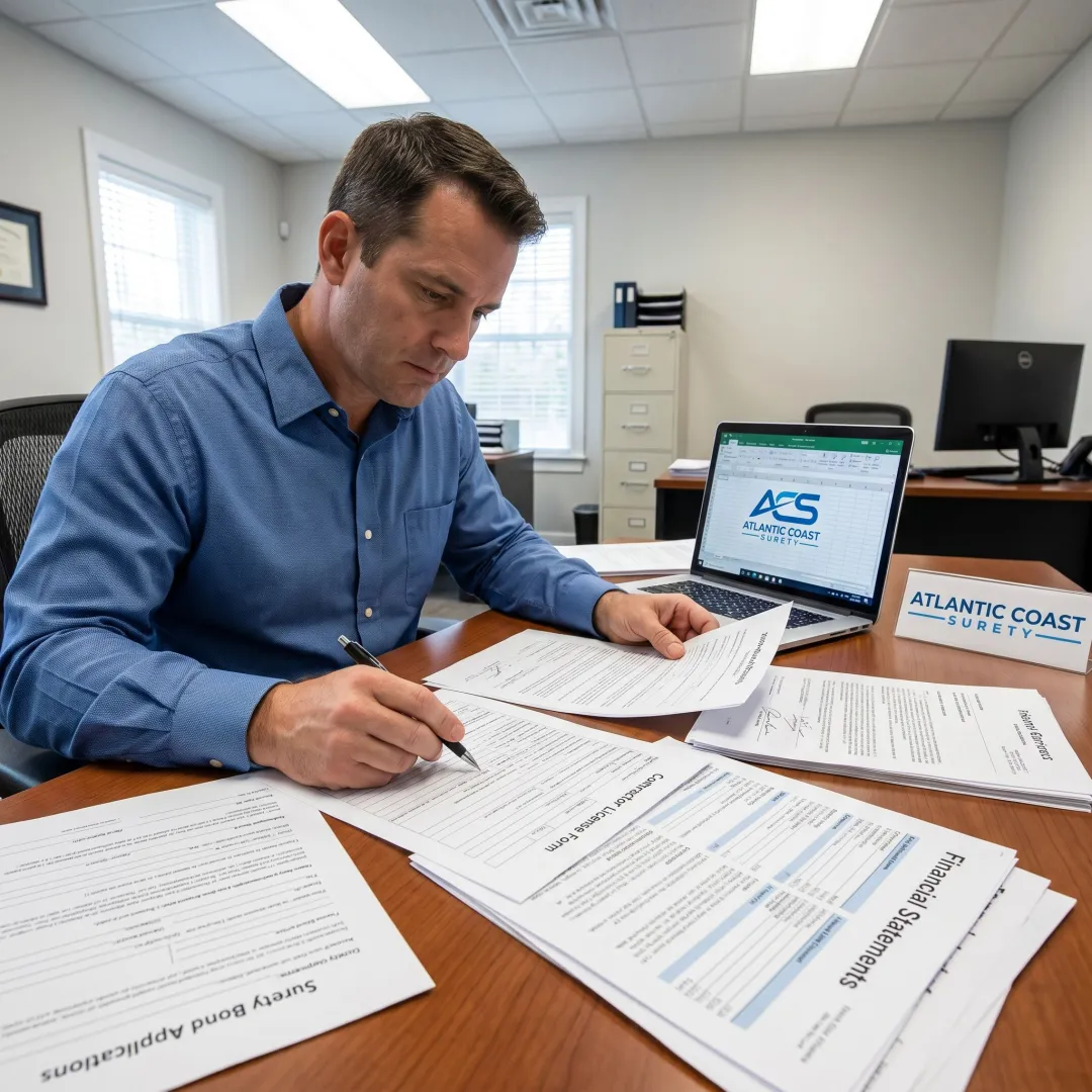 Surety bond application process at an office desk