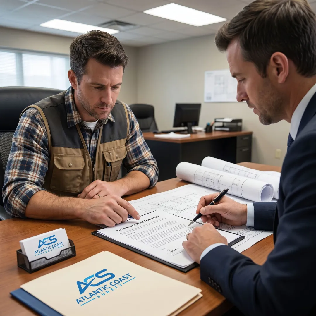 Contractor reviewing performance bond documents