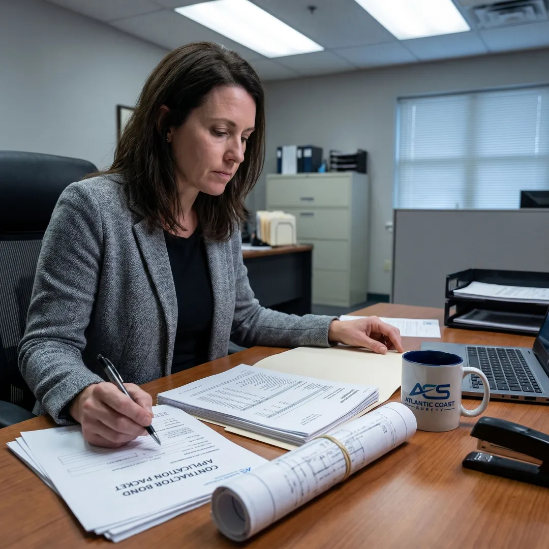 Surety specialist reviewing bond application