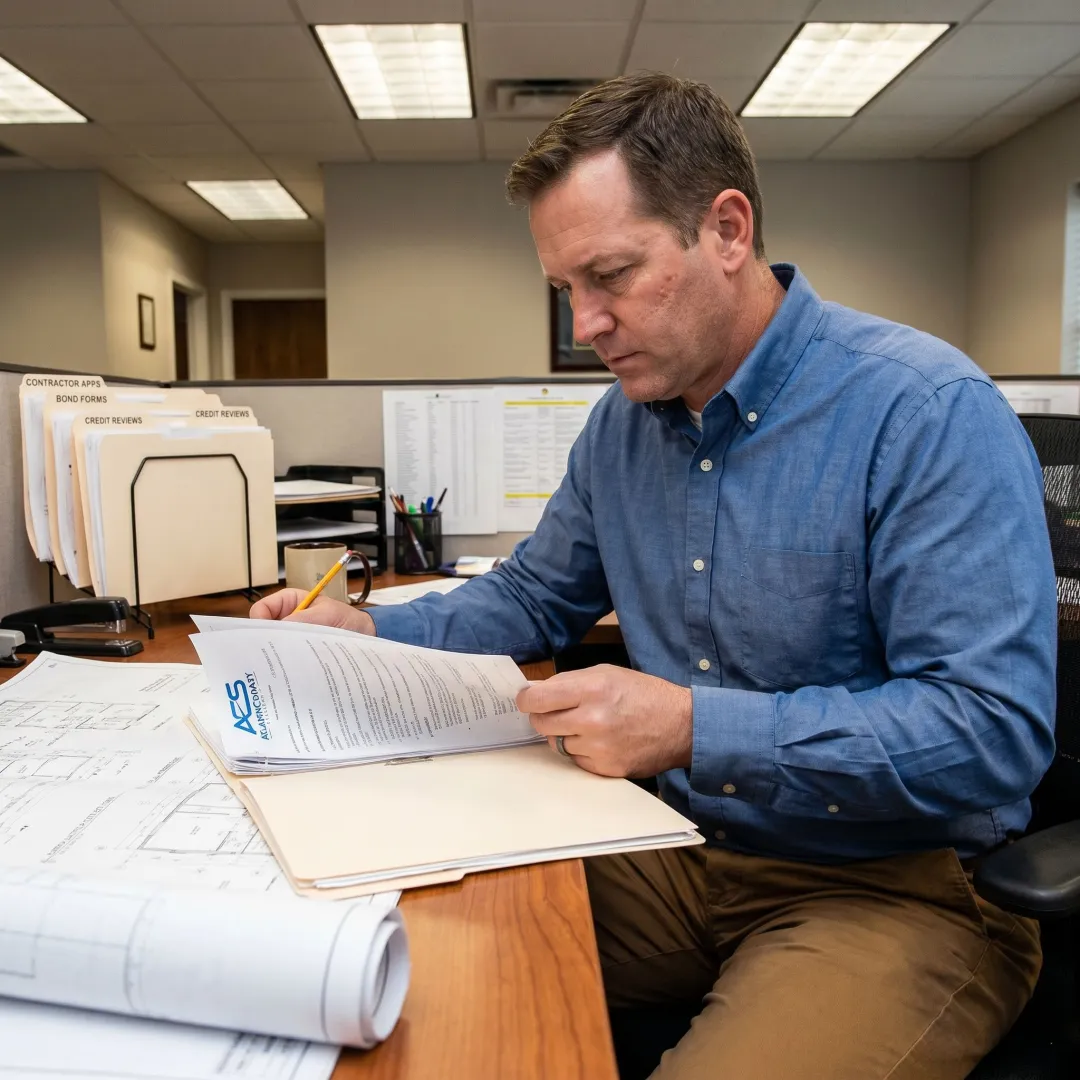 Surety specialist organizing bond application documents