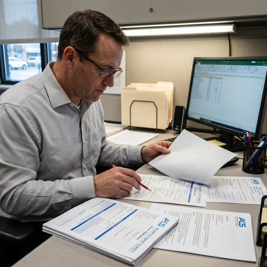 Surety specialist reviewing broker bond paperwork