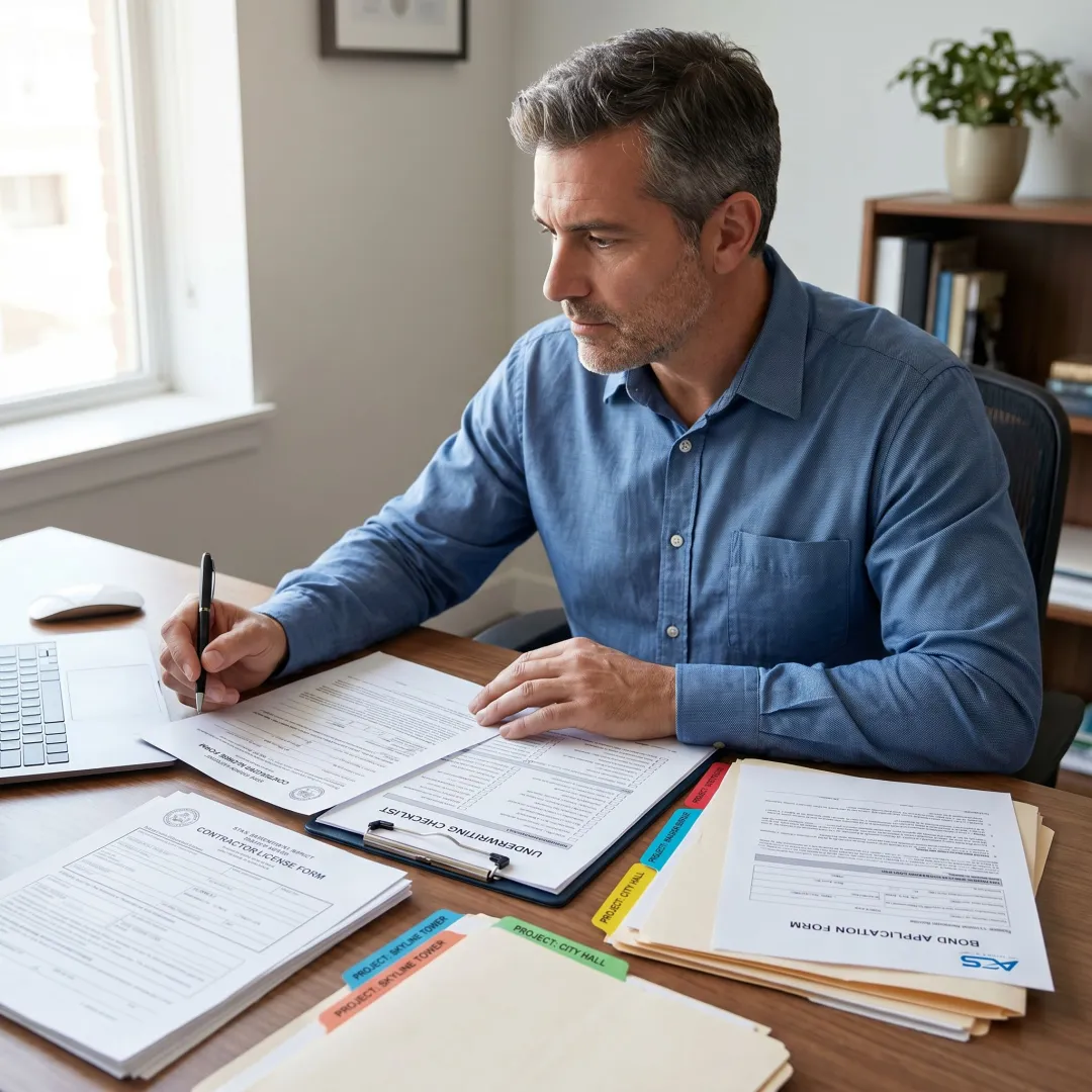 Surety specialist preparing contractor bond paperwork