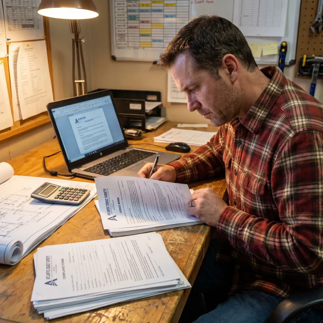 Contractor reviewing Iowa license bond documents
