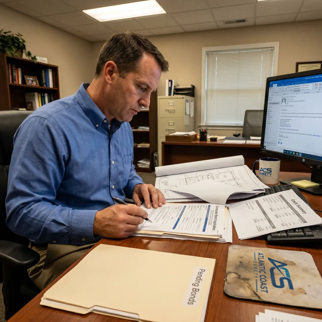 Surety specialist reviewing contractor bond application