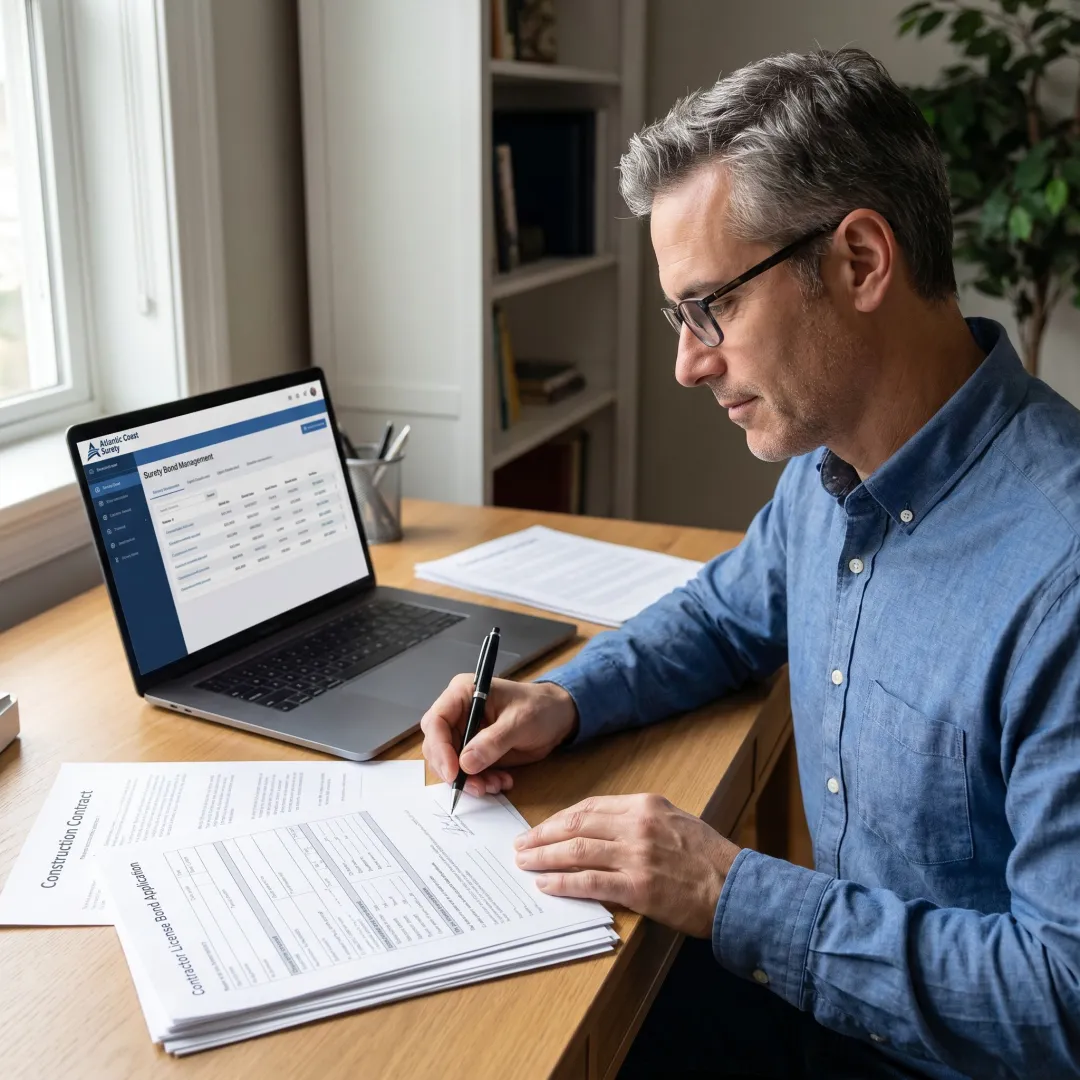 Surety specialist preparing contractor bond documents