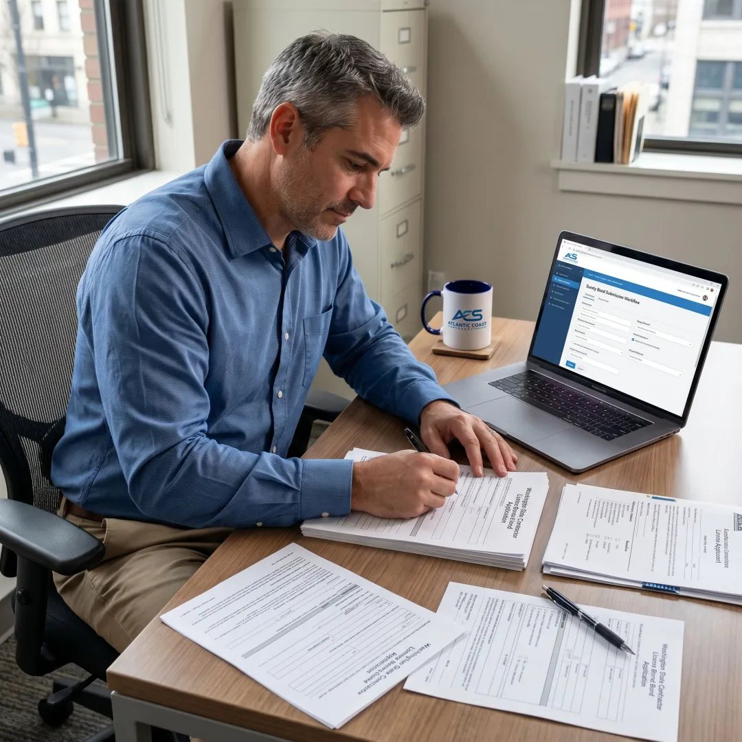 Surety specialist preparing contractor bond documents