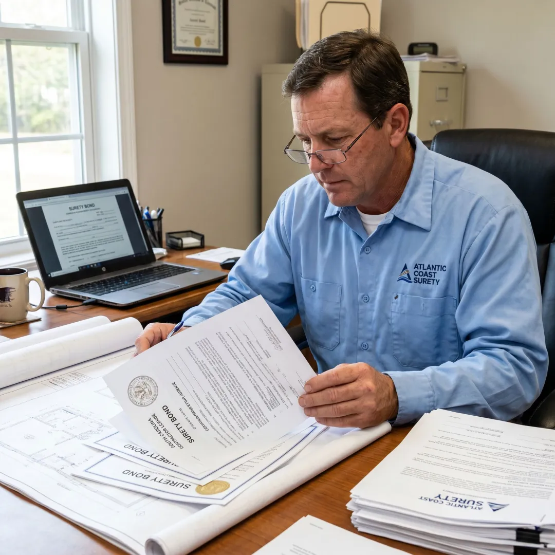 Contractor reviewing South Carolina license bond documents