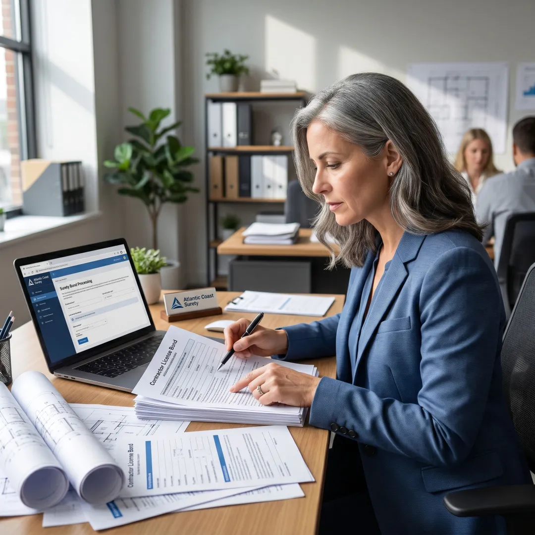 Surety specialist preparing contractor bond paperwork