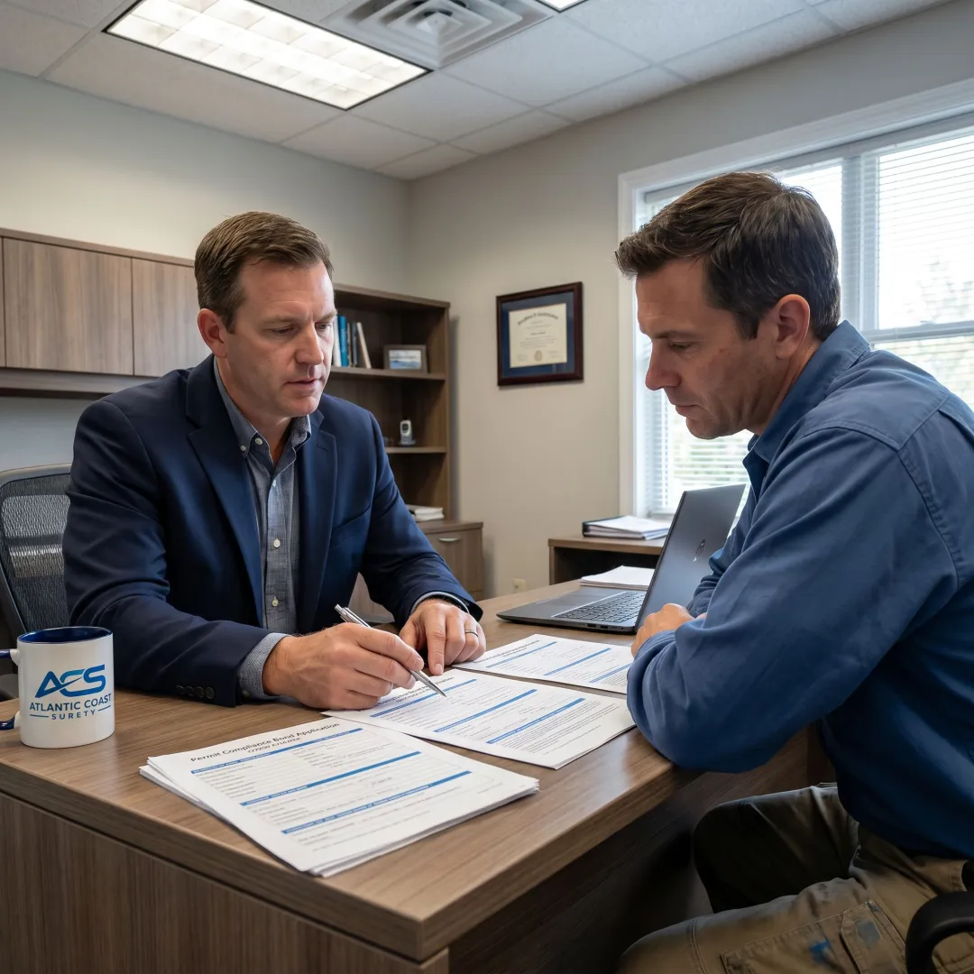 Surety bond specialist reviewing permit compliance documents
