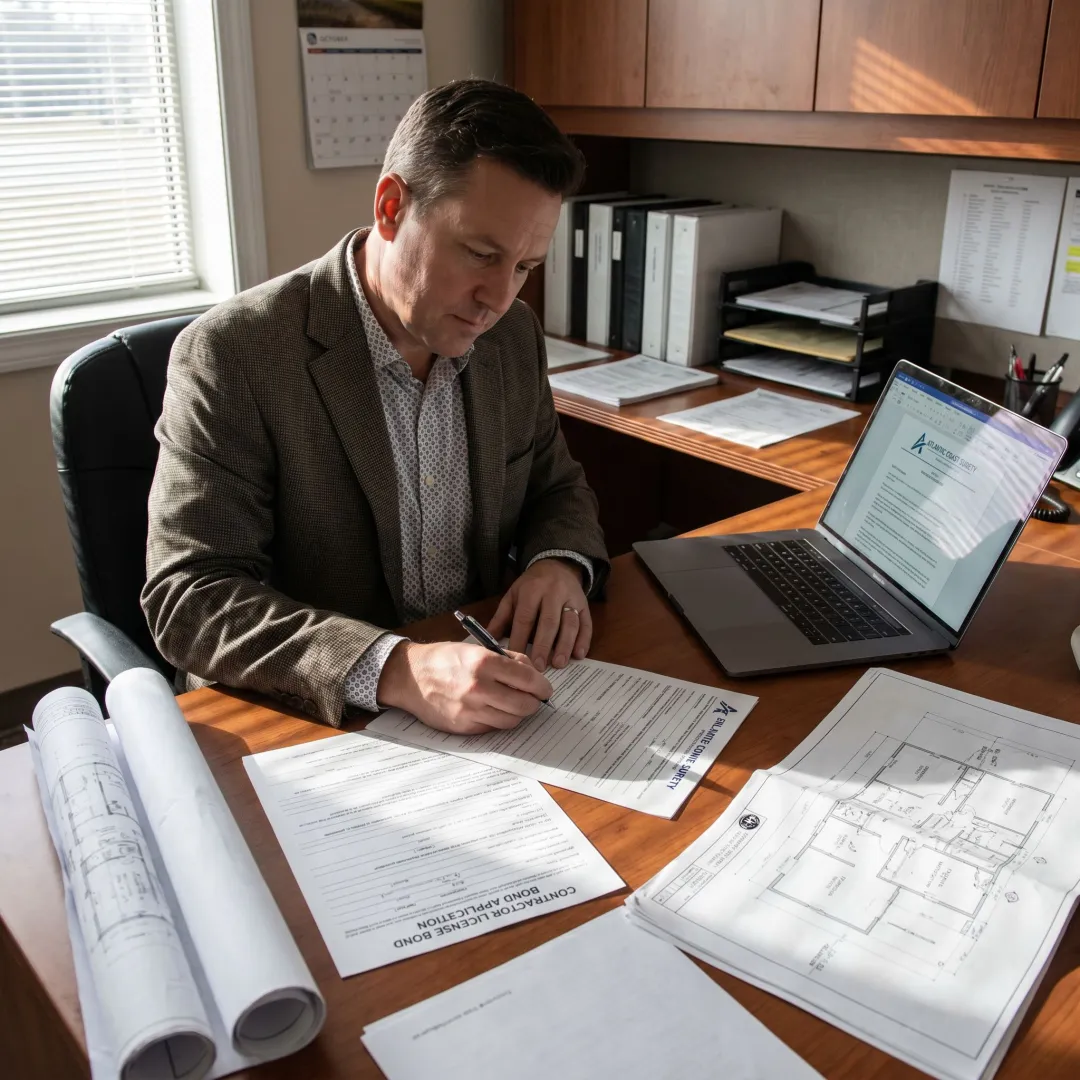 Surety specialist preparing contractor bond documents