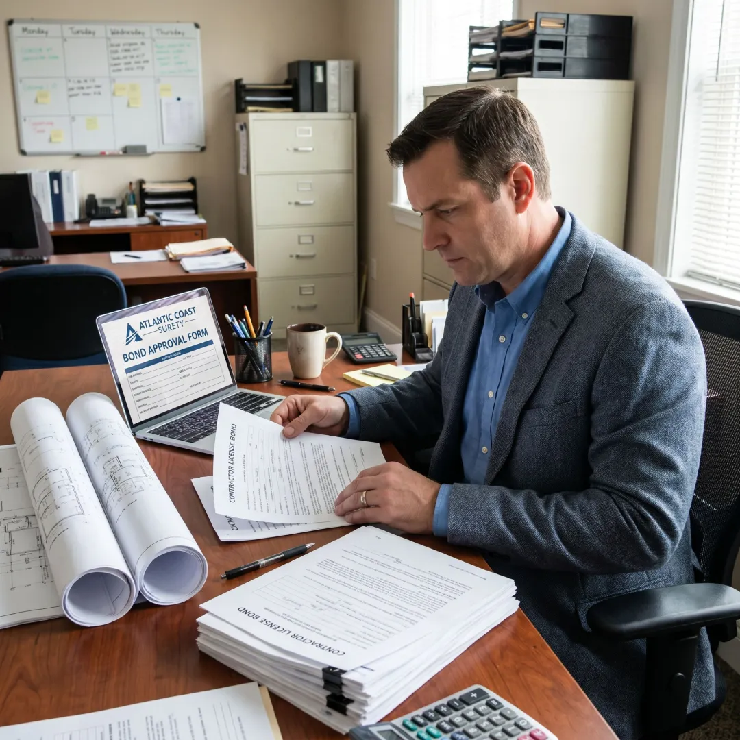 Surety specialist preparing contractor bond documents