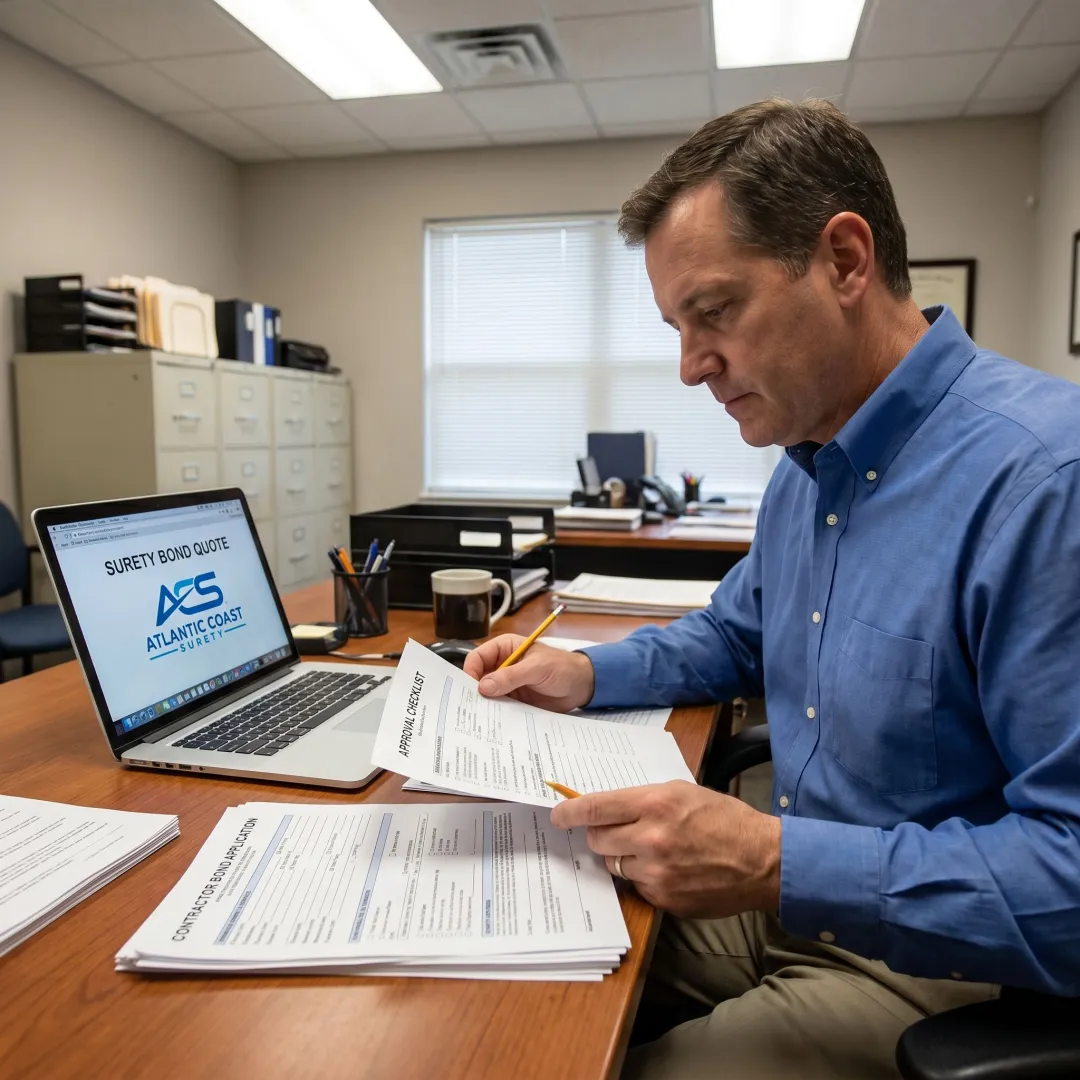 Surety bond specialist preparing contractor bond application