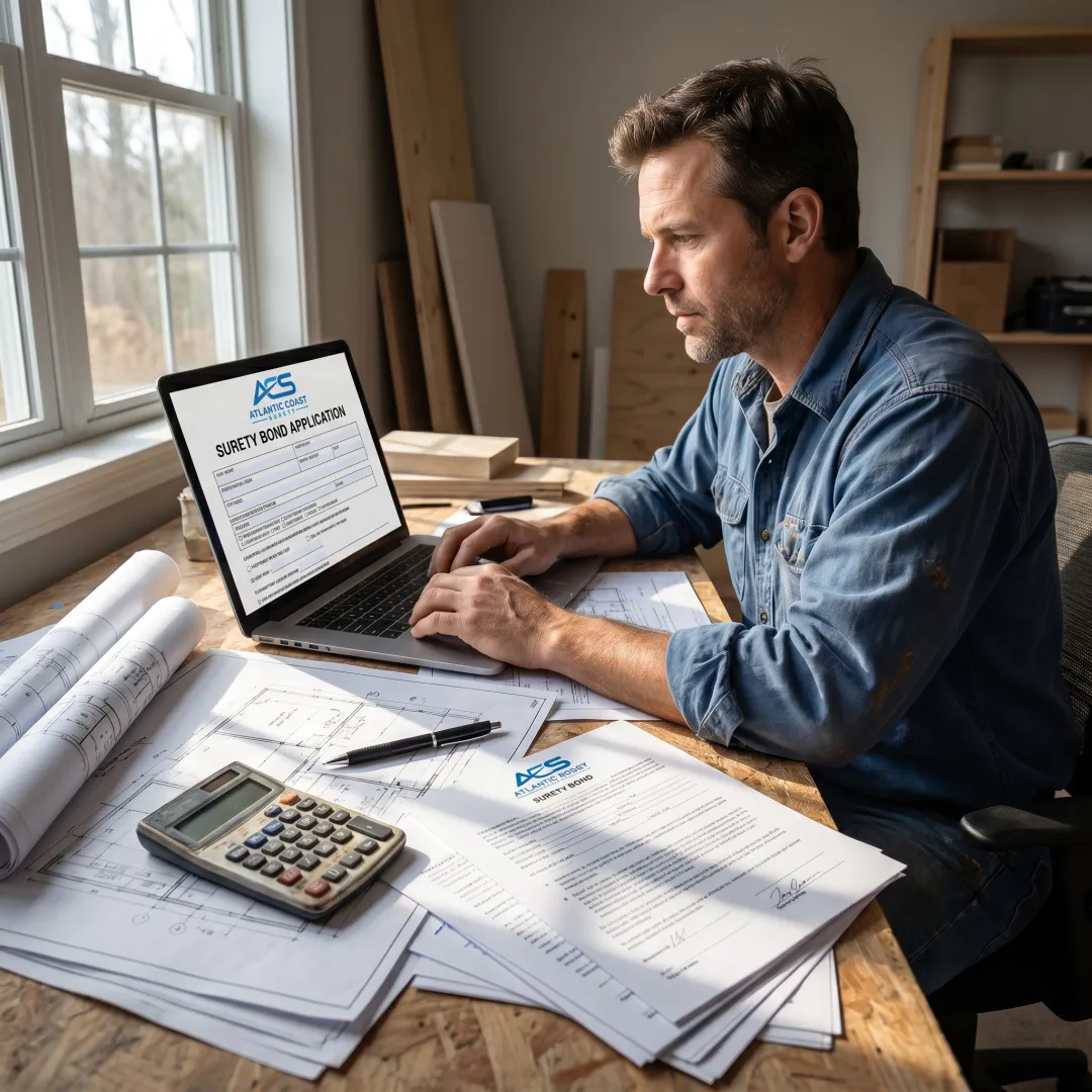 Contractor reviewing North Carolina license bond paperwork online