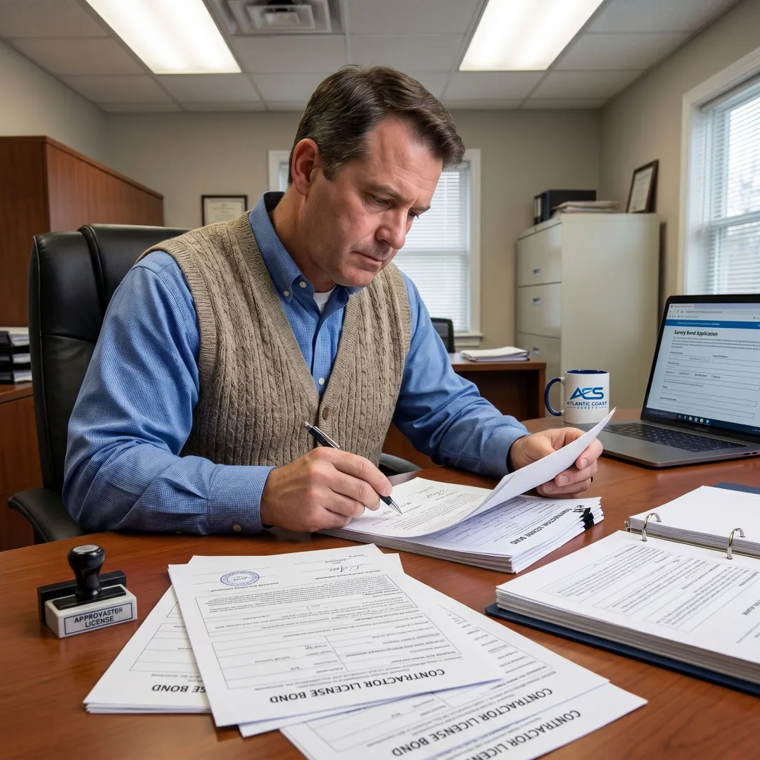 Surety specialist preparing contractor bond paperwork